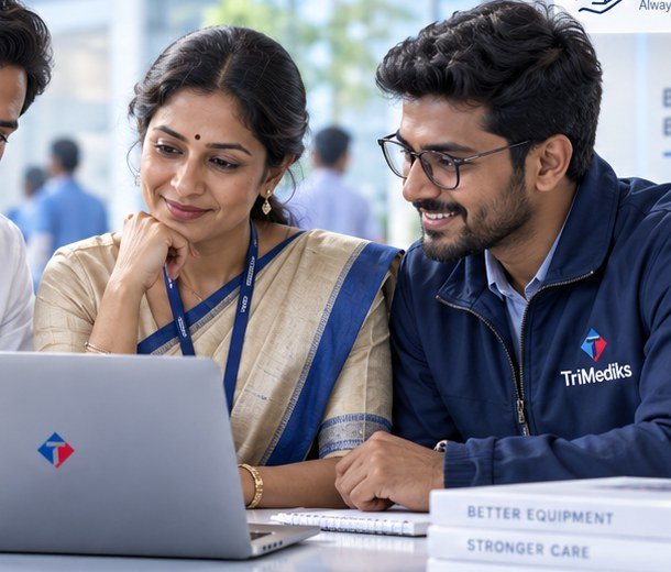 South Indian healthcare team reviewing equipment support